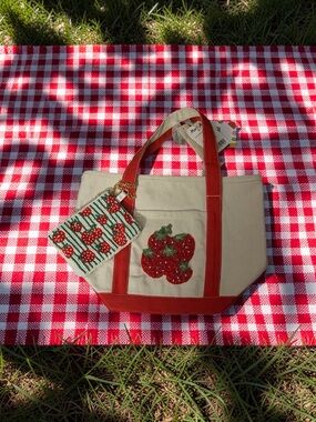 Mary Frances Cream Canvas Tote with Red Trim and Strawberry Appliqué